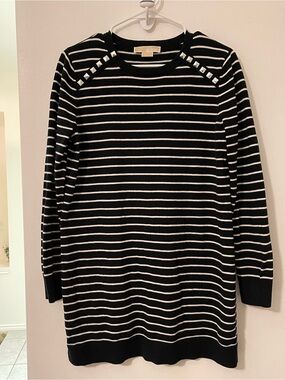 MICHAEL Michael Kors Striped Black & White Studded Shoulder Sweater Dress
